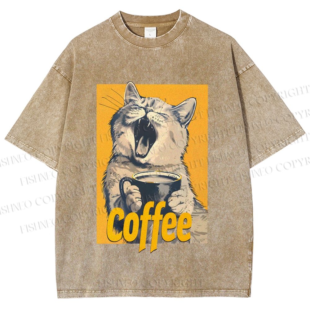 Unisex Coffee Lover Cat Art Printed Washed Tee