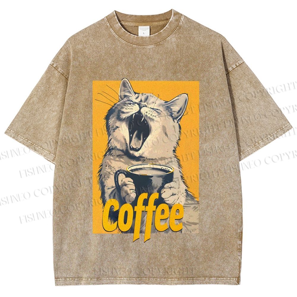 Unisex Coffee Lover Cat Art Printed Washed Tee