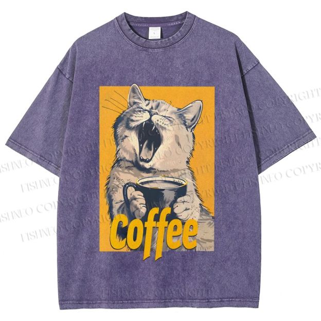 Unisex Coffee Lover Cat Art Printed Washed Tee