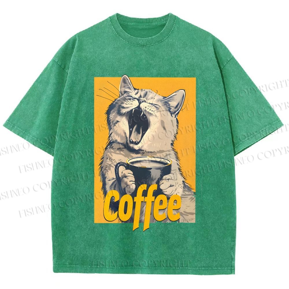 Unisex Coffee Lover Cat Art Printed Washed Tee