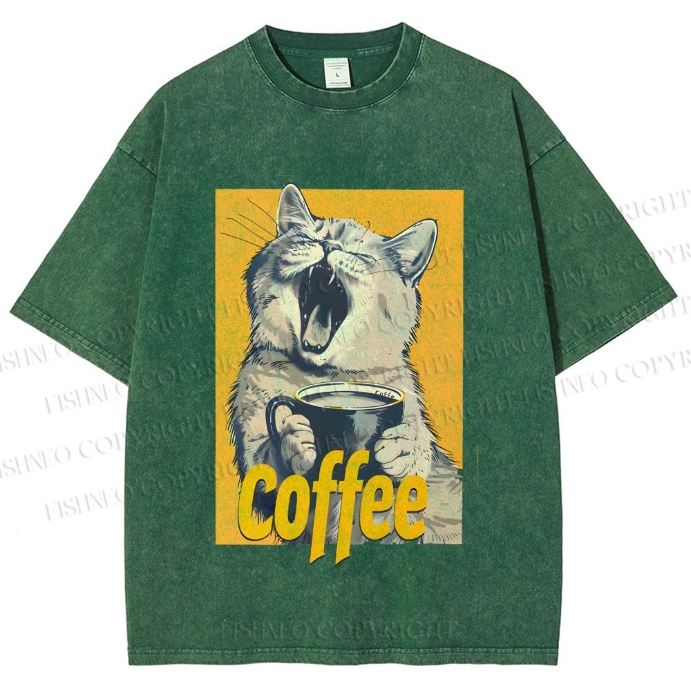 Unisex Coffee Lover Cat Art Printed Washed Tee