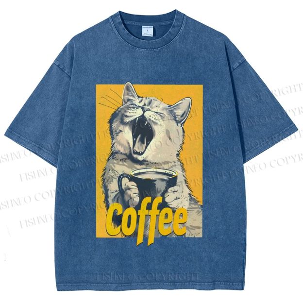Unisex Coffee Lover Cat Art Printed Washed Tee
