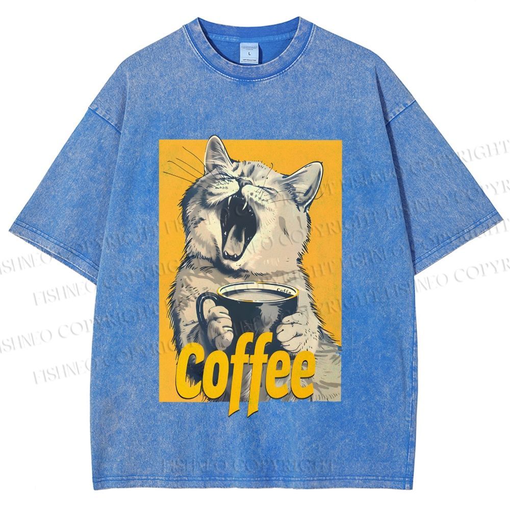 Unisex Coffee Lover Cat Art Printed Washed Tee