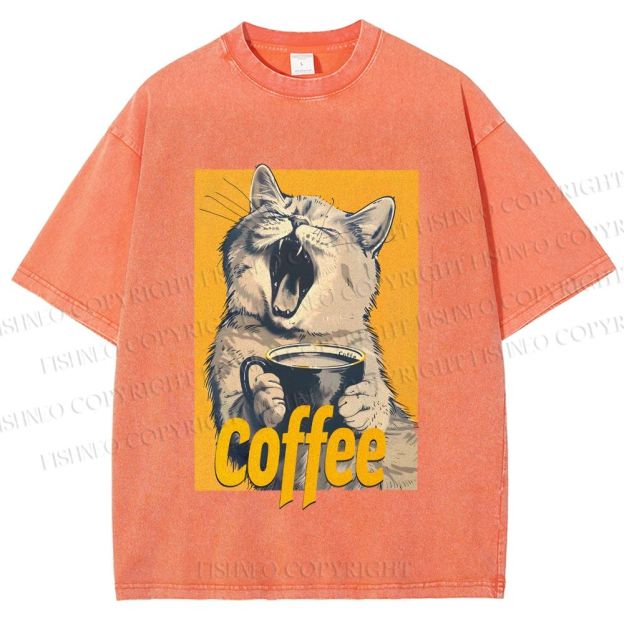 Unisex Coffee Lover Cat Art Printed Washed Tee