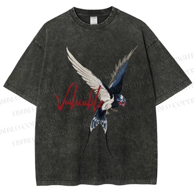Unisex Flying Swallow Valuable Art Printed Washed Tee