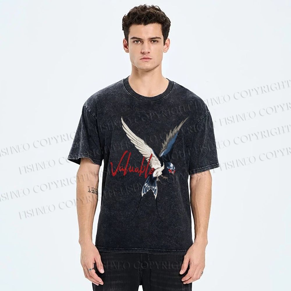 Unisex Flying Swallow Valuable Art Printed Washed Tee