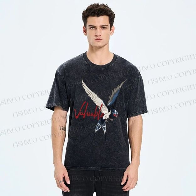 Unisex Flying Swallow Valuable Art Printed Washed Tee