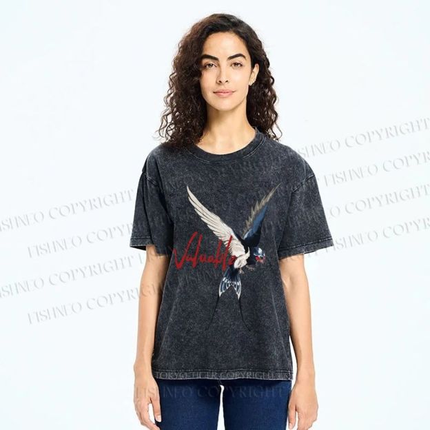 Unisex Flying Swallow Valuable Art Printed Washed Tee