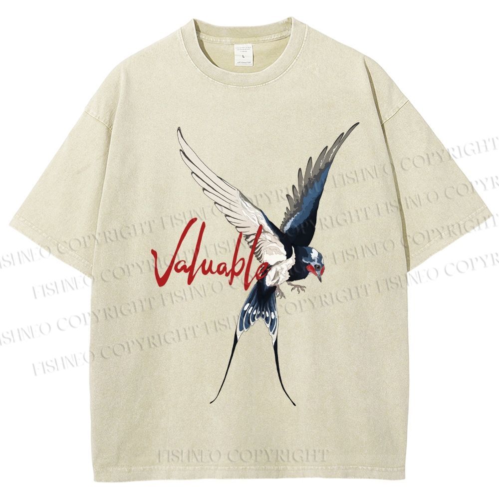 Unisex Flying Swallow Valuable Art Printed Washed Tee
