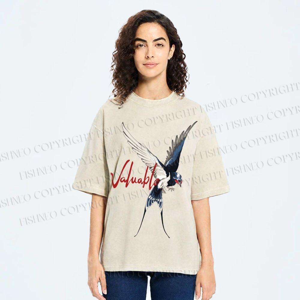 Unisex Flying Swallow Valuable Art Printed Washed Tee