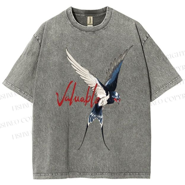 Unisex Flying Swallow Valuable Art Printed Washed Tee