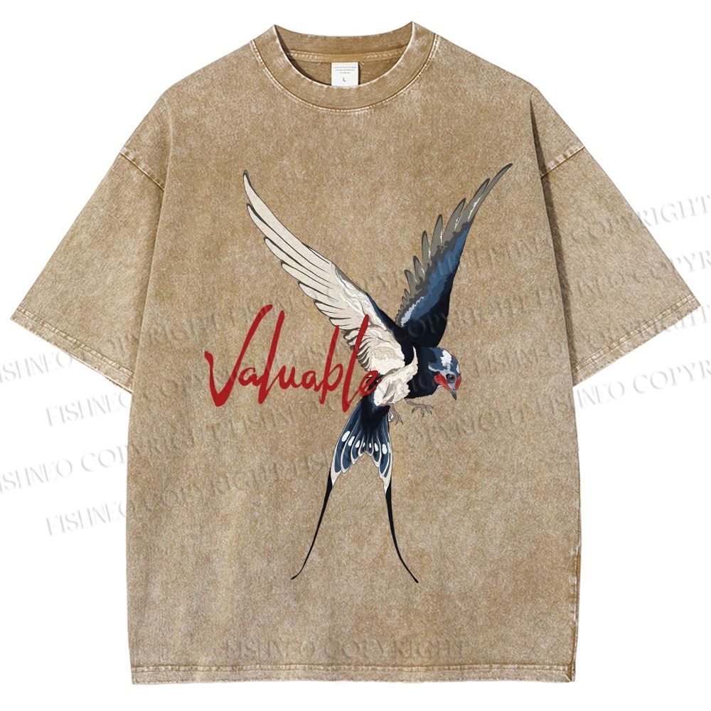 Unisex Flying Swallow Valuable Art Printed Washed Tee