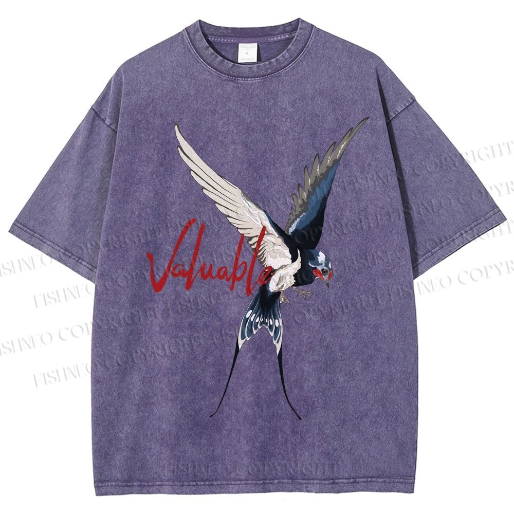 Unisex Flying Swallow Valuable Art Printed Washed Tee