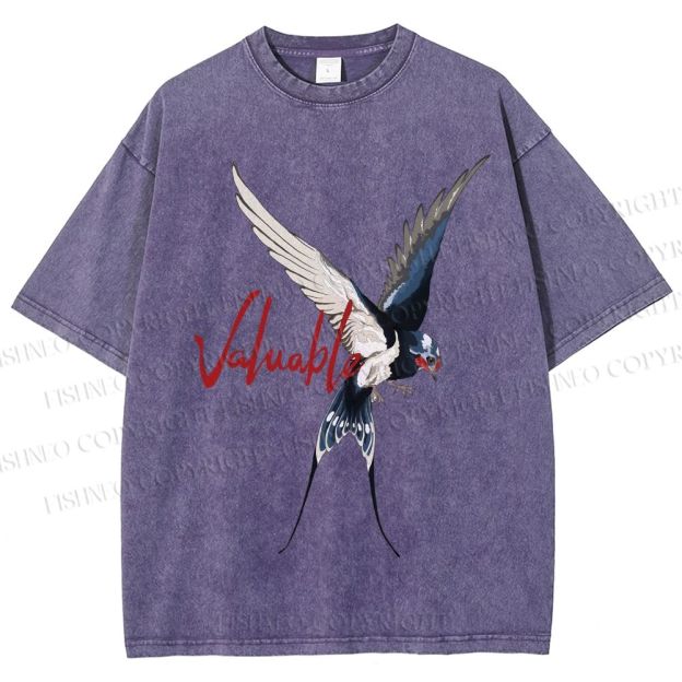 Unisex Flying Swallow Valuable Art Printed Washed Tee