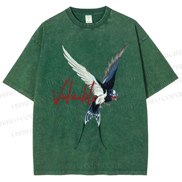 Unisex Flying Swallow Valuable Art Printed Washed Tee