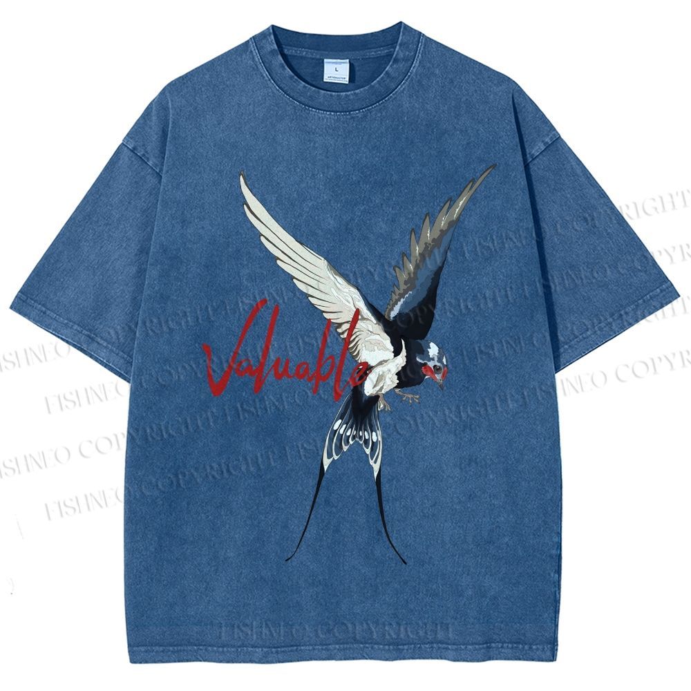 Unisex Flying Swallow Valuable Art Printed Washed Tee