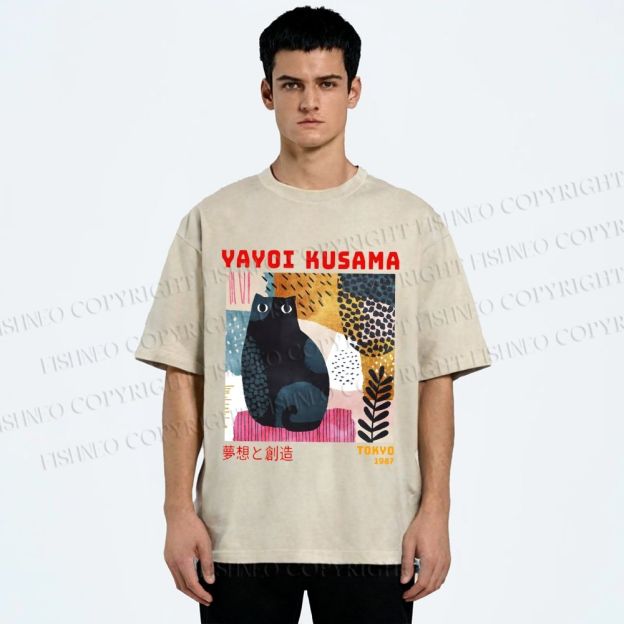 Unisex Yayoi Kusama 1987 Tokyo Dream Cat Printed Washed Tee