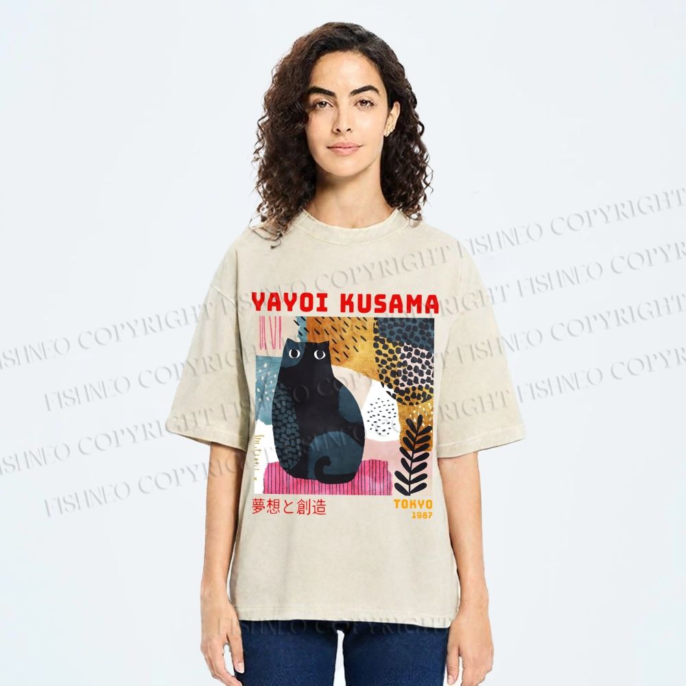 Unisex Yayoi Kusama 1987 Tokyo Dream Cat Printed Washed Tee