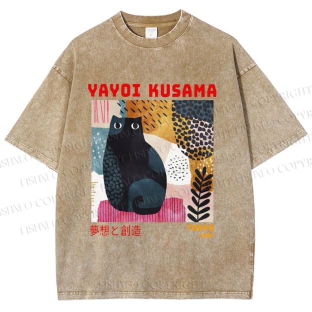 Unisex Yayoi Kusama 1987 Tokyo Dream Cat Printed Washed Tee