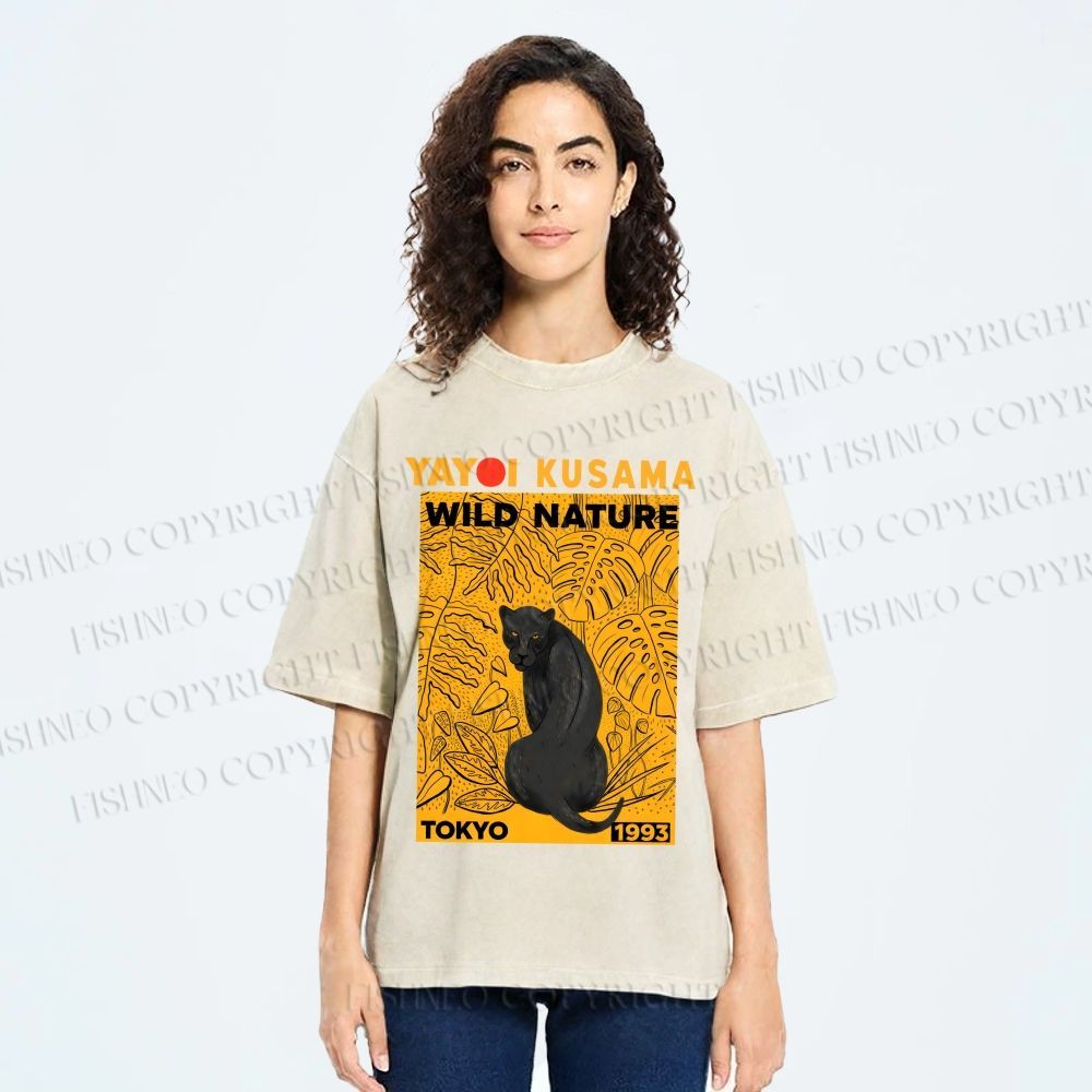 Unisex Yayoi Kusama Wild Nature Panther Printed Washed Tee