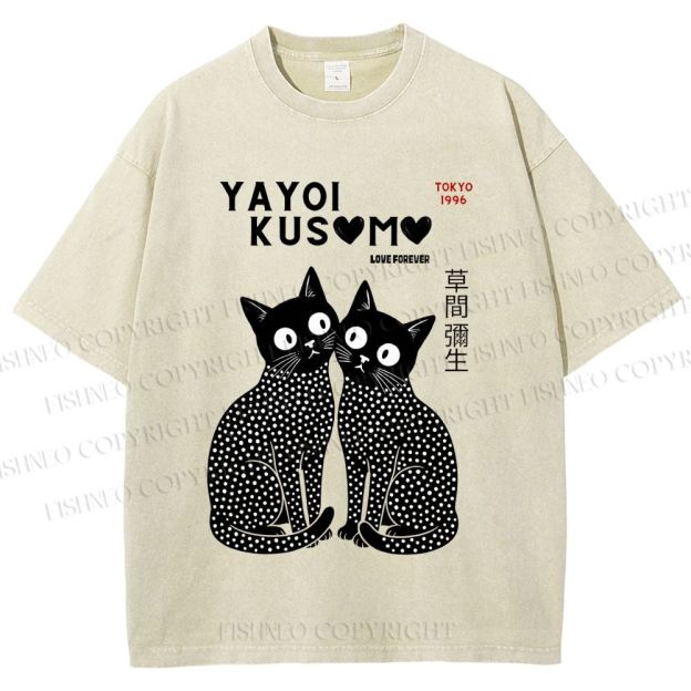 Unisex Yayoi Kusama Heart Polka Dot Cat Printed Washed Tee