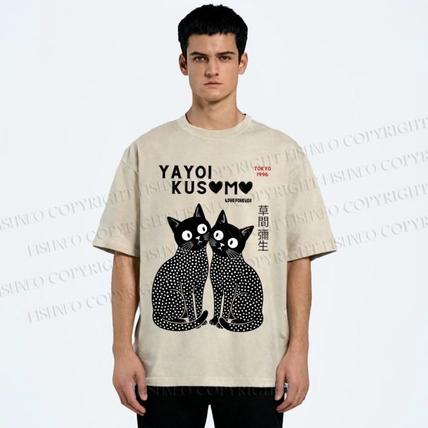 Unisex Yayoi Kusama Heart Polka Dot Cat Printed Washed Tee