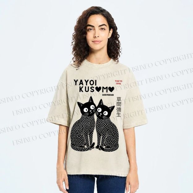 Unisex Yayoi Kusama Heart Polka Dot Cat Printed Washed Tee