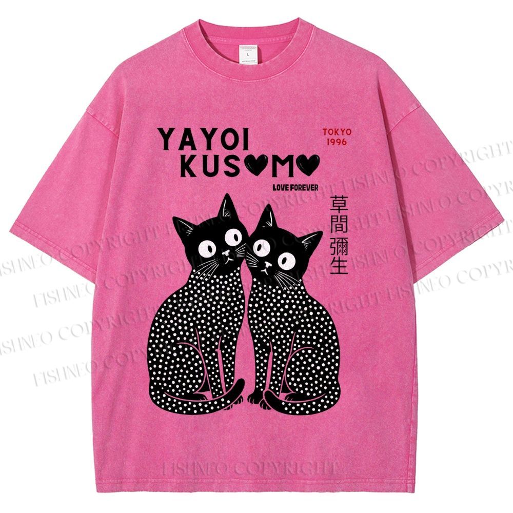 Unisex Yayoi Kusama Heart Polka Dot Cat Printed Washed Tee