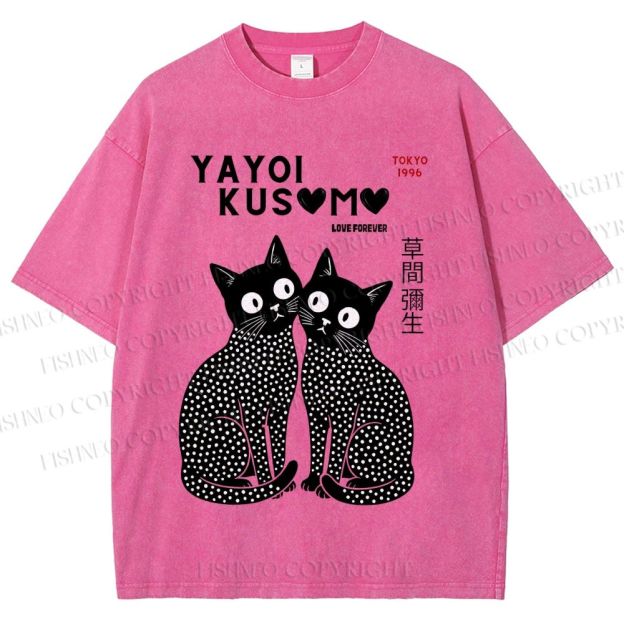Unisex Yayoi Kusama Heart Polka Dot Cat Printed Washed Tee