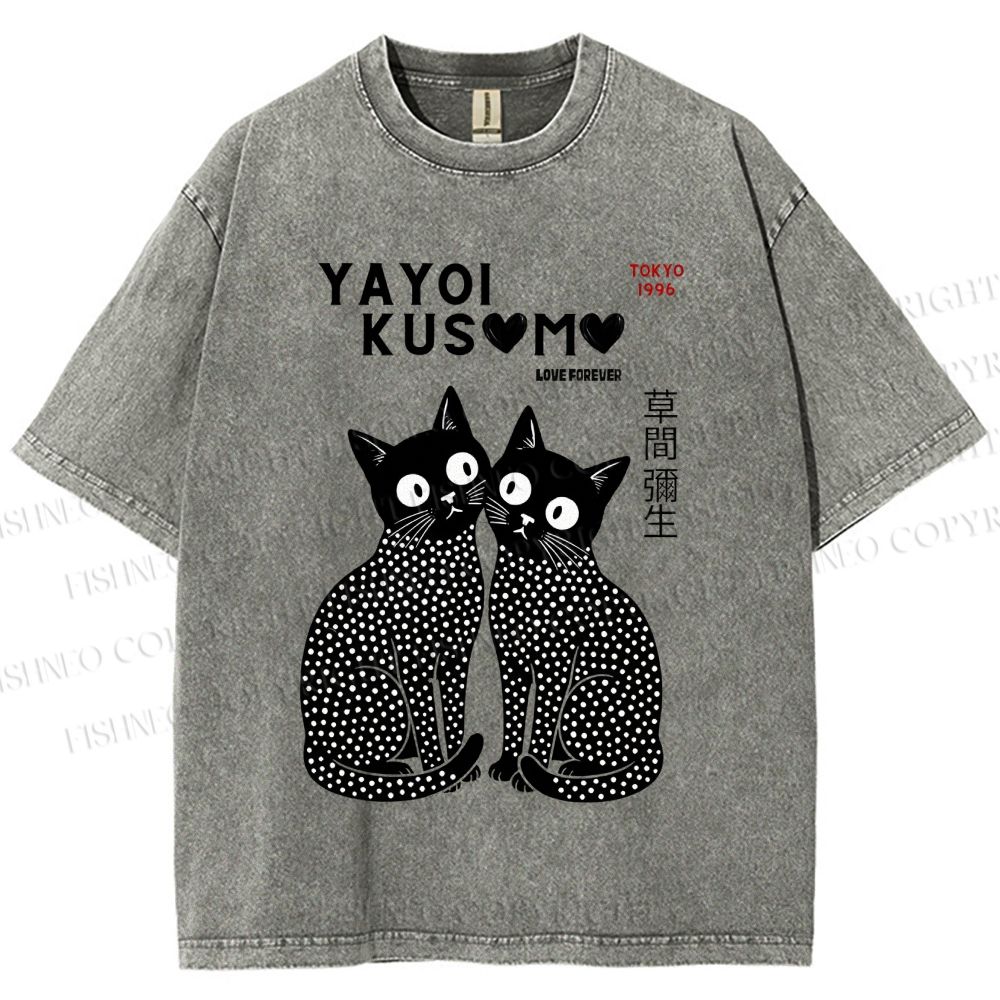 Unisex Yayoi Kusama Heart Polka Dot Cat Printed Washed Tee