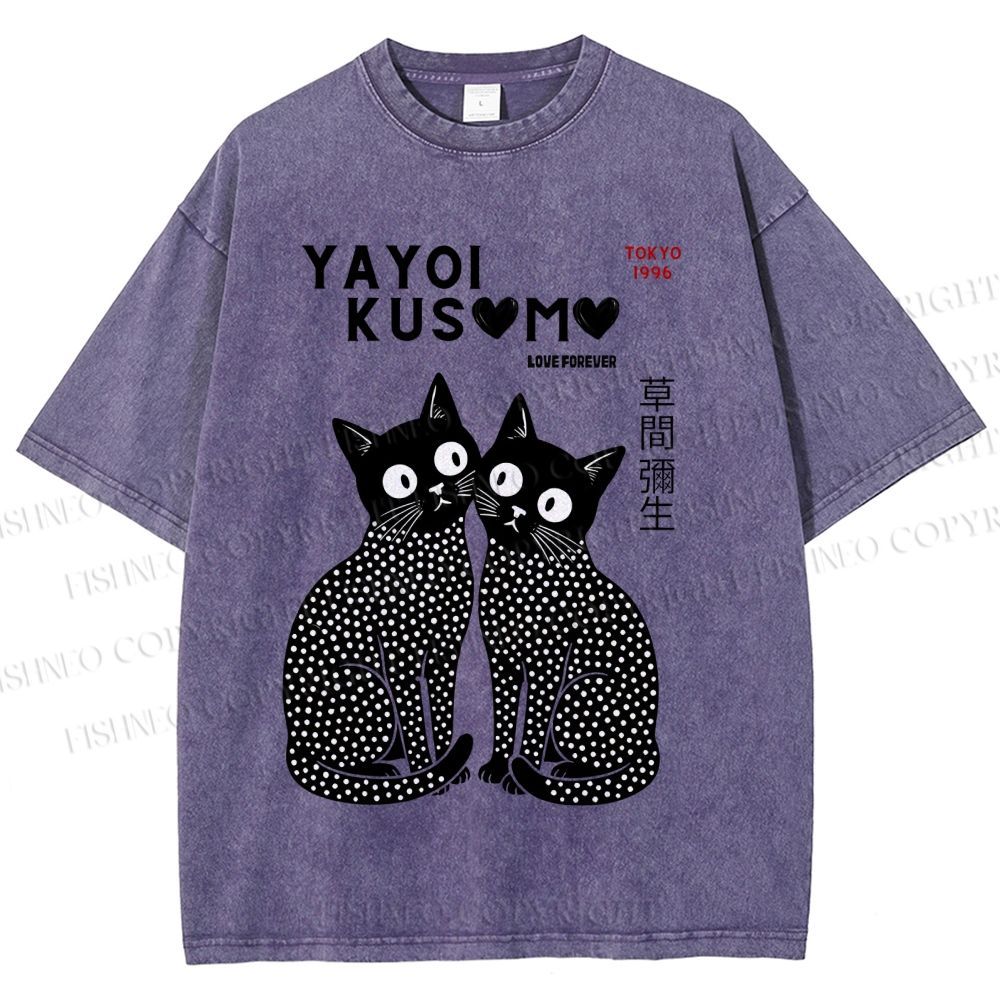 Unisex Yayoi Kusama Heart Polka Dot Cat Printed Washed Tee