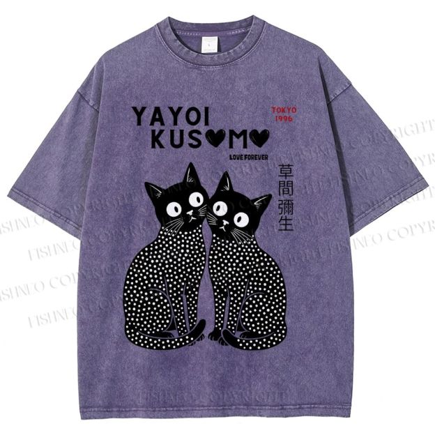 Unisex Yayoi Kusama Heart Polka Dot Cat Printed Washed Tee