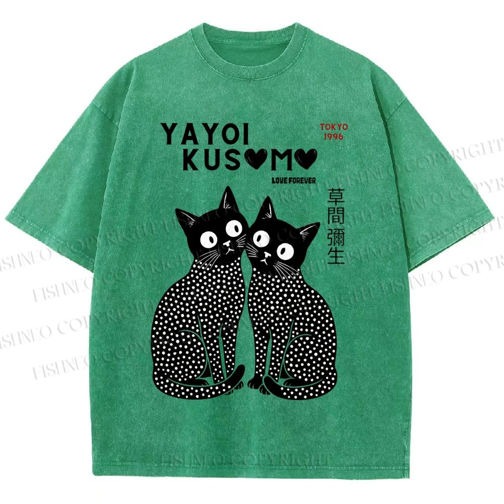 Unisex Yayoi Kusama Heart Polka Dot Cat Printed Washed Tee