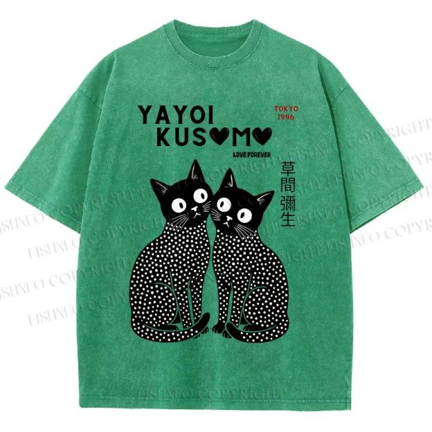 Unisex Yayoi Kusama Heart Polka Dot Cat Printed Washed Tee