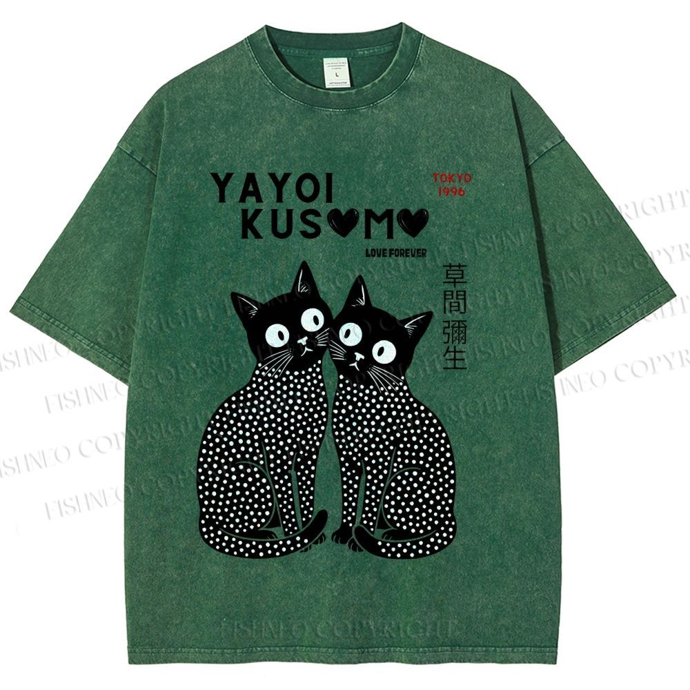 Unisex Yayoi Kusama Heart Polka Dot Cat Printed Washed Tee