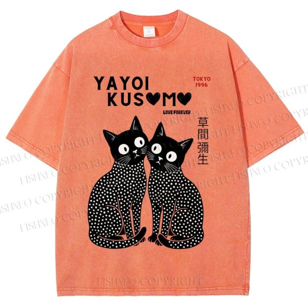 Unisex Yayoi Kusama Heart Polka Dot Cat Printed Washed Tee