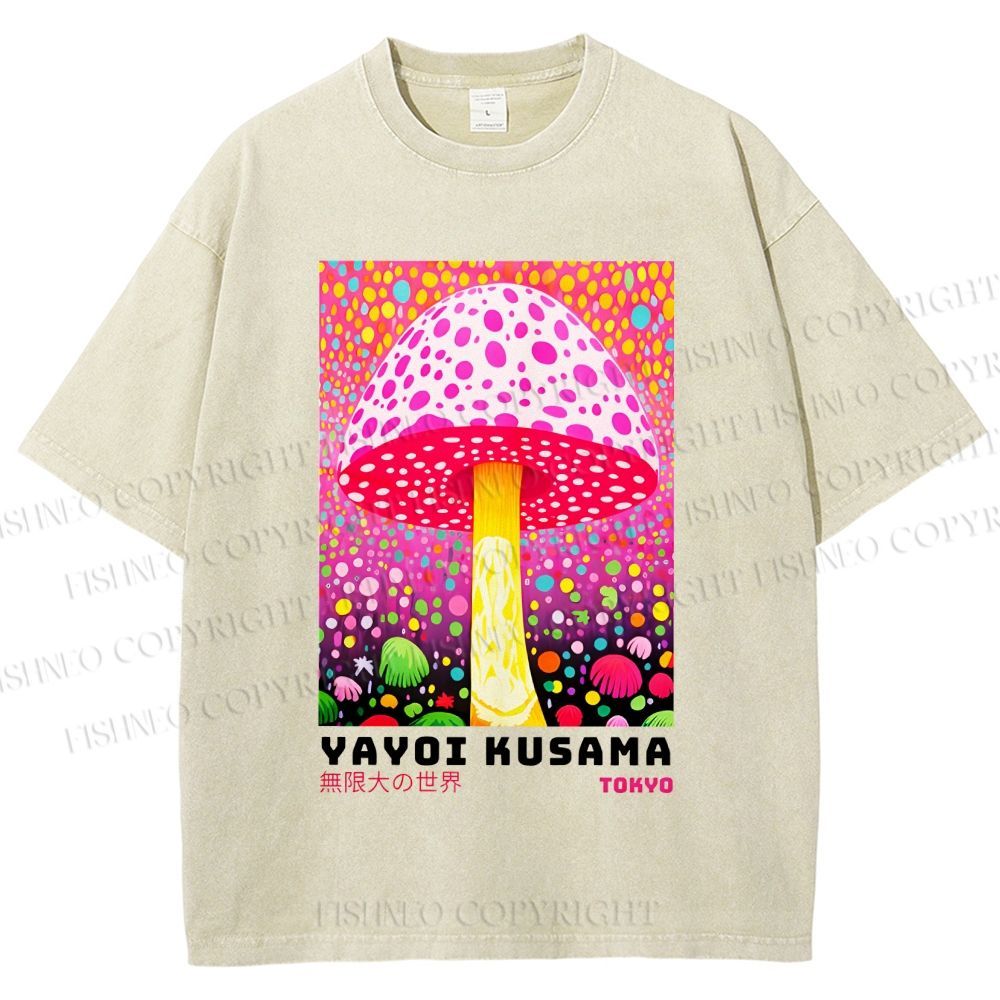 Unisex Yayoi Kusama Colorful Polka\ Dot Mushrooms Printed Washed Tee