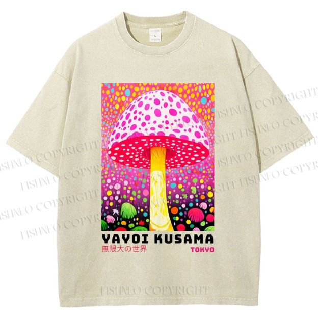 Unisex Yayoi Kusama Colorful Polka\ Dot Mushrooms Printed Washed Tee