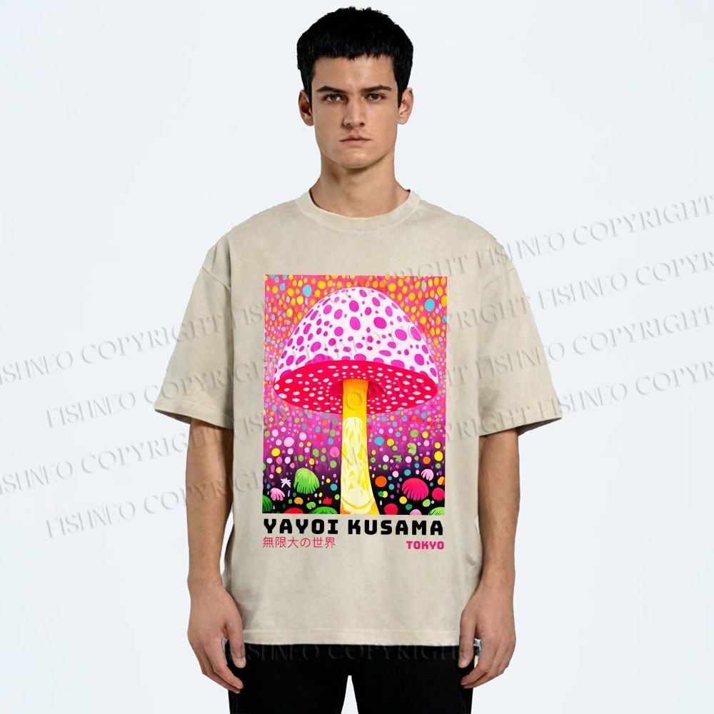 Unisex Yayoi Kusama Colorful Polka\ Dot Mushrooms Printed Washed Tee