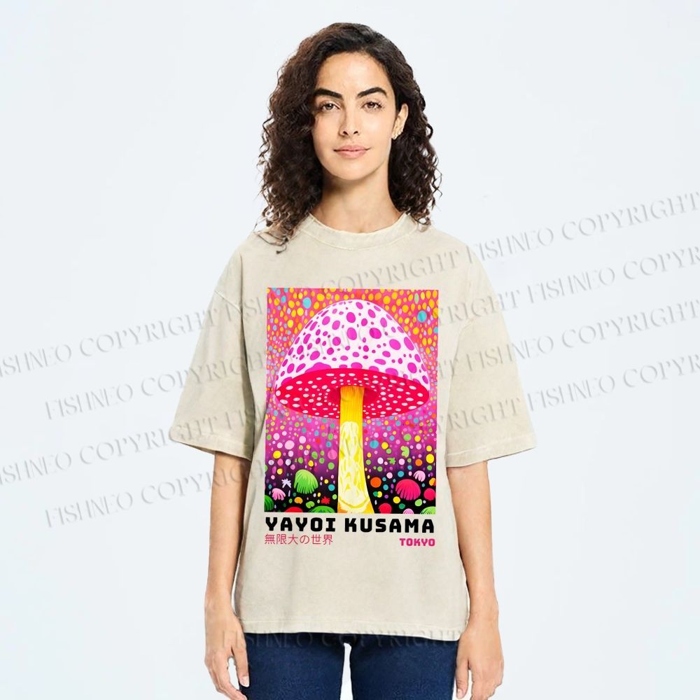 Unisex Yayoi Kusama Colorful Polka\ Dot Mushrooms Printed Washed Tee
