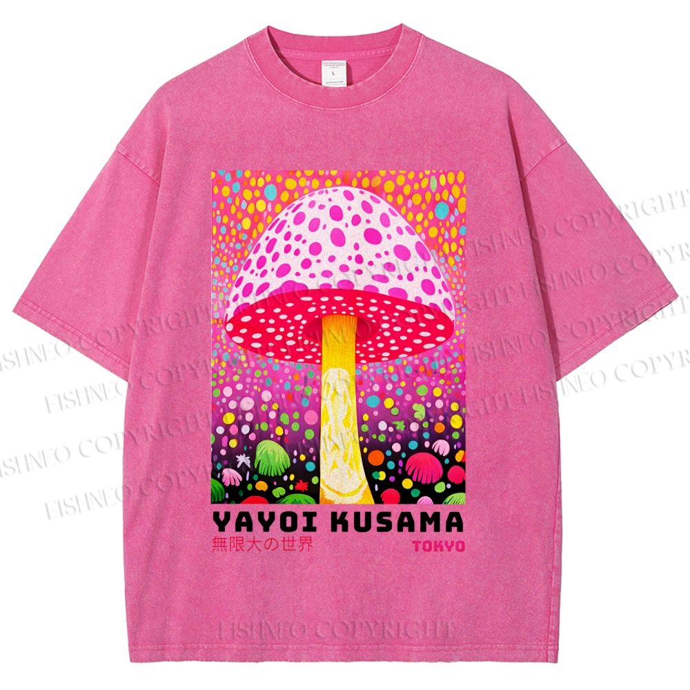 Unisex Yayoi Kusama Colorful Polka\ Dot Mushrooms Printed Washed Tee