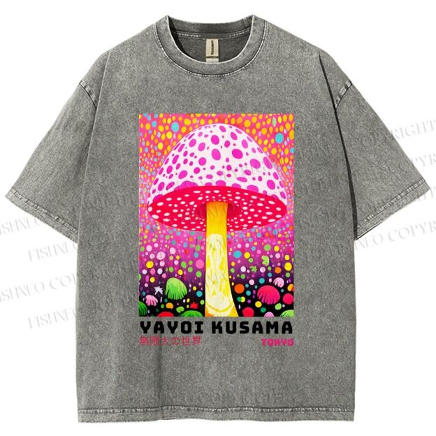 Unisex Yayoi Kusama Colorful Polka\ Dot Mushrooms Printed Washed Tee