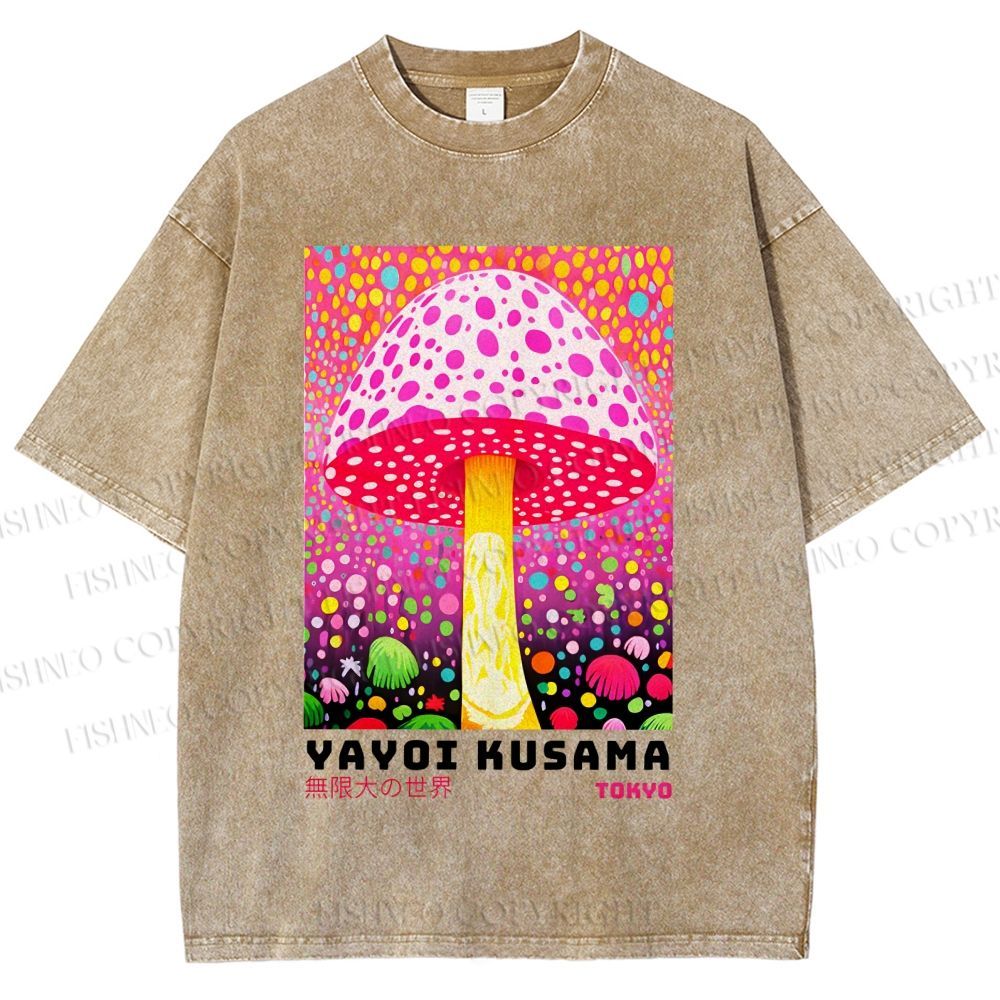 Unisex Yayoi Kusama Colorful Polka\ Dot Mushrooms Printed Washed Tee