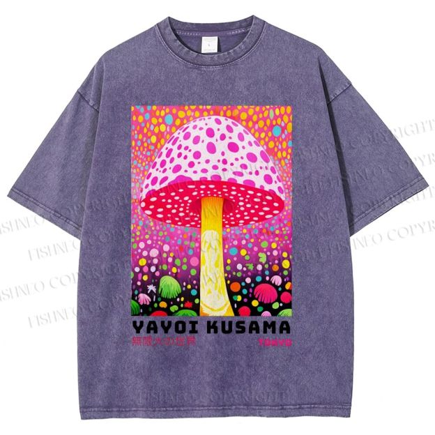 Unisex Yayoi Kusama Colorful Polka\ Dot Mushrooms Printed Washed Tee