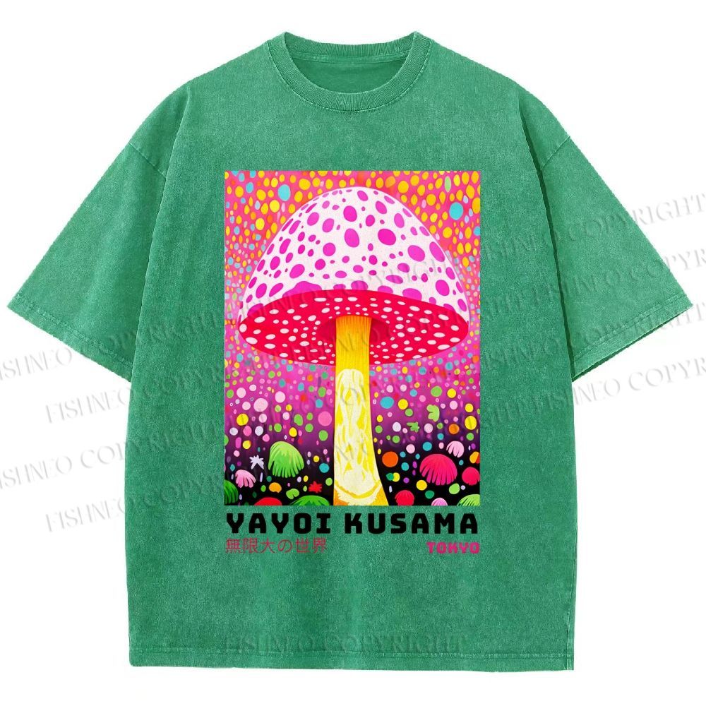 Unisex Yayoi Kusama Colorful Polka\ Dot Mushrooms Printed Washed Tee