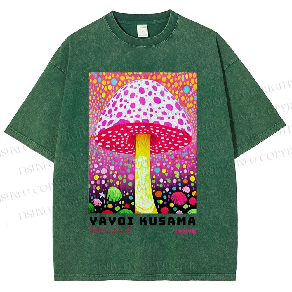 Unisex Yayoi Kusama Colorful Polka\ Dot Mushrooms Printed Washed Tee
