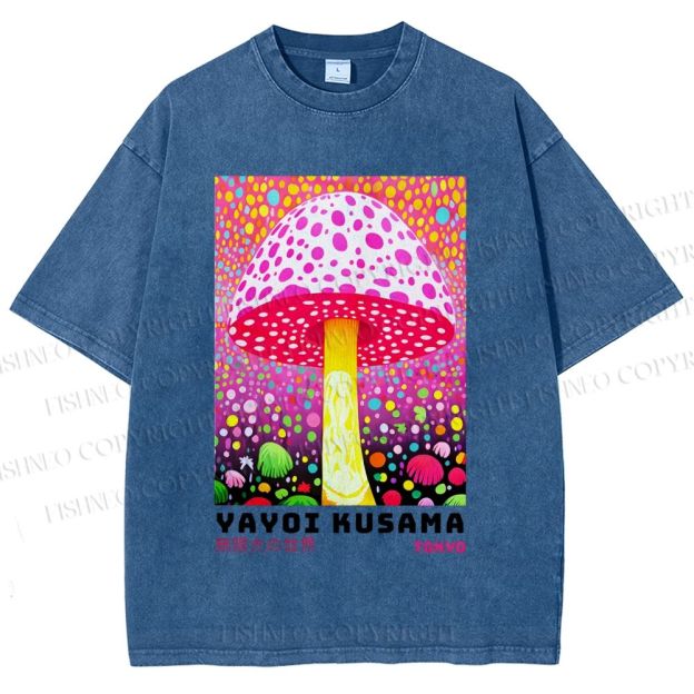 Unisex Yayoi Kusama Colorful Polka\ Dot Mushrooms Printed Washed Tee