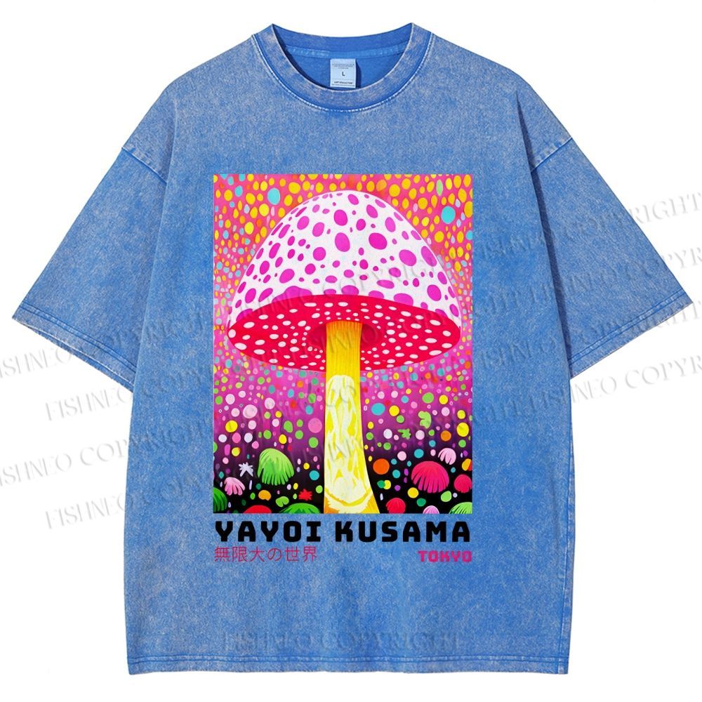 Unisex Yayoi Kusama Colorful Polka\ Dot Mushrooms Printed Washed Tee