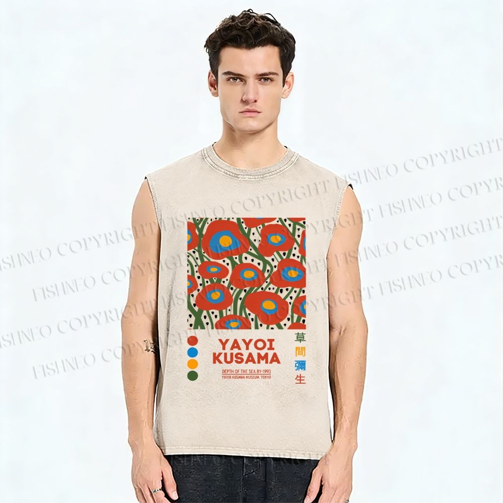 Unisex Yayoi Kusama Flowers Printed Washed Tank Top