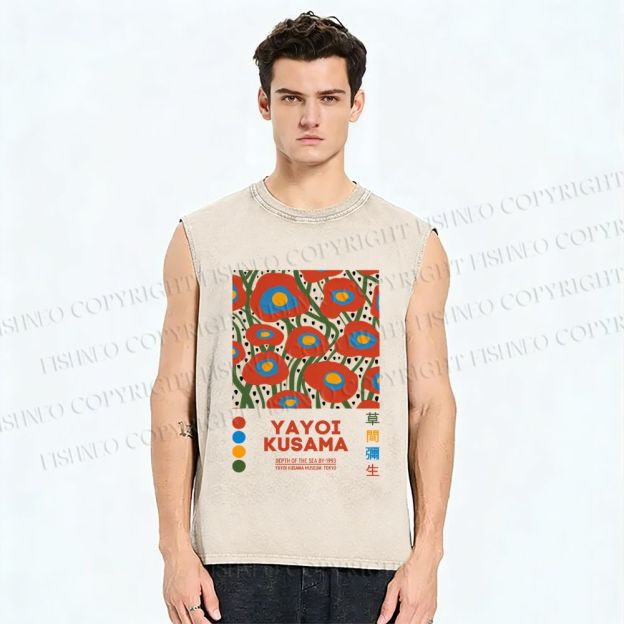 Unisex Yayoi Kusama Flowers Printed Washed Tank Top